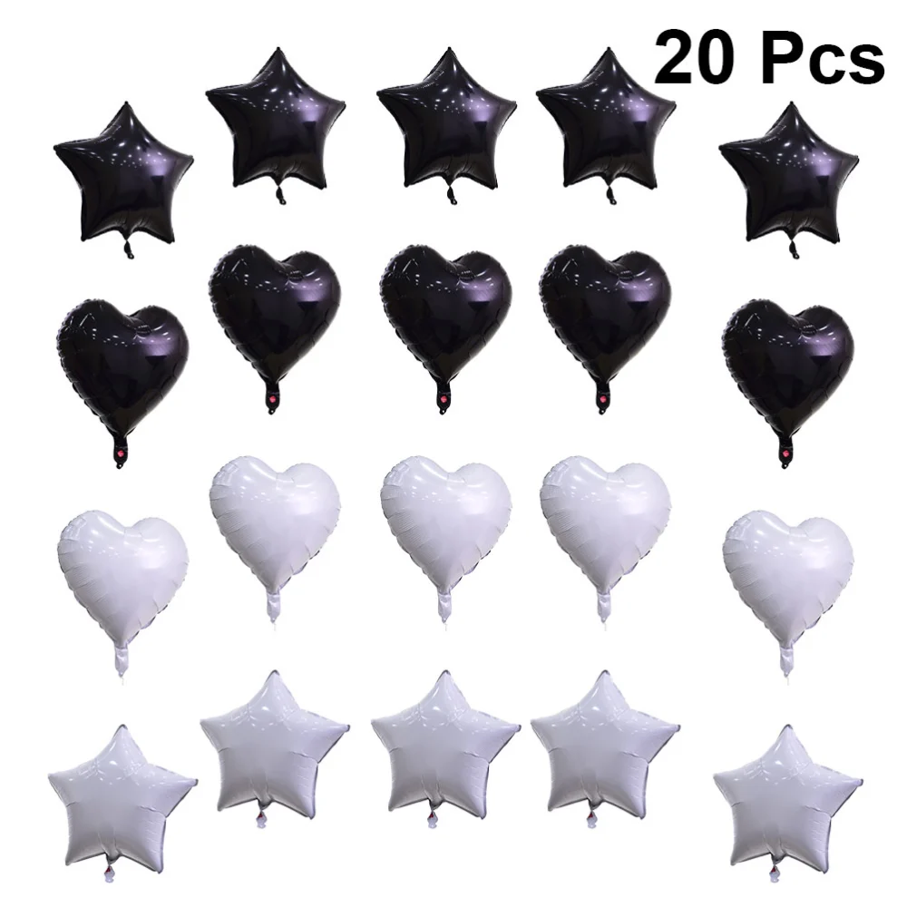 20Pcs 18 Inch Creative Aluminum Film Balloon Lovely Heart Star Shaped Black White Balloon for Home Birthday Party Supplies (Random Pattern)