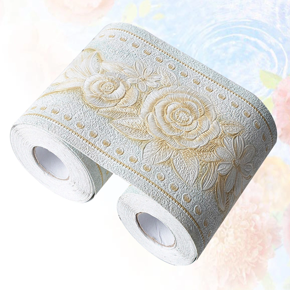 Green Background Rose Printing Wallpaper Border Sticker Pretty Waist Line Wall Sticker Waterproof Self Adhesive PVC Wallpaper Border (10.6cm x 5m)