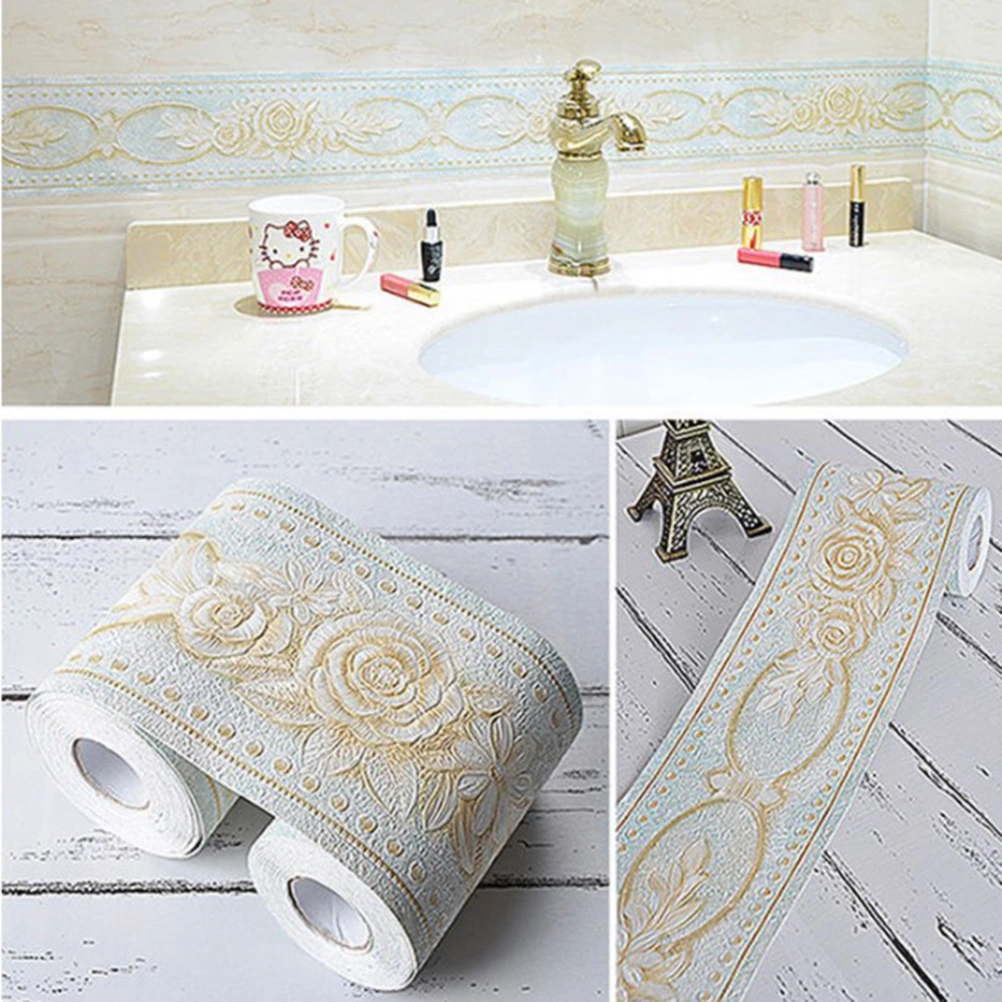 Green Background Rose Printing Wallpaper Border Sticker Pretty Waist Line Wall Sticker Waterproof Self Adhesive PVC Wallpaper Border (10.6cm x 5m)