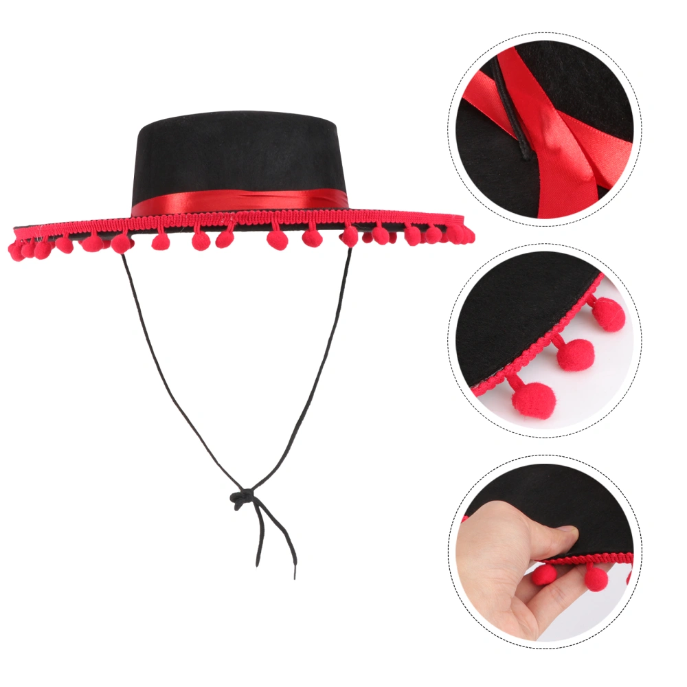 Fashion Felt Hat Red Hair Ball Ribbon Mexican Hat Dancing Party Performance Hat (Black+Red)