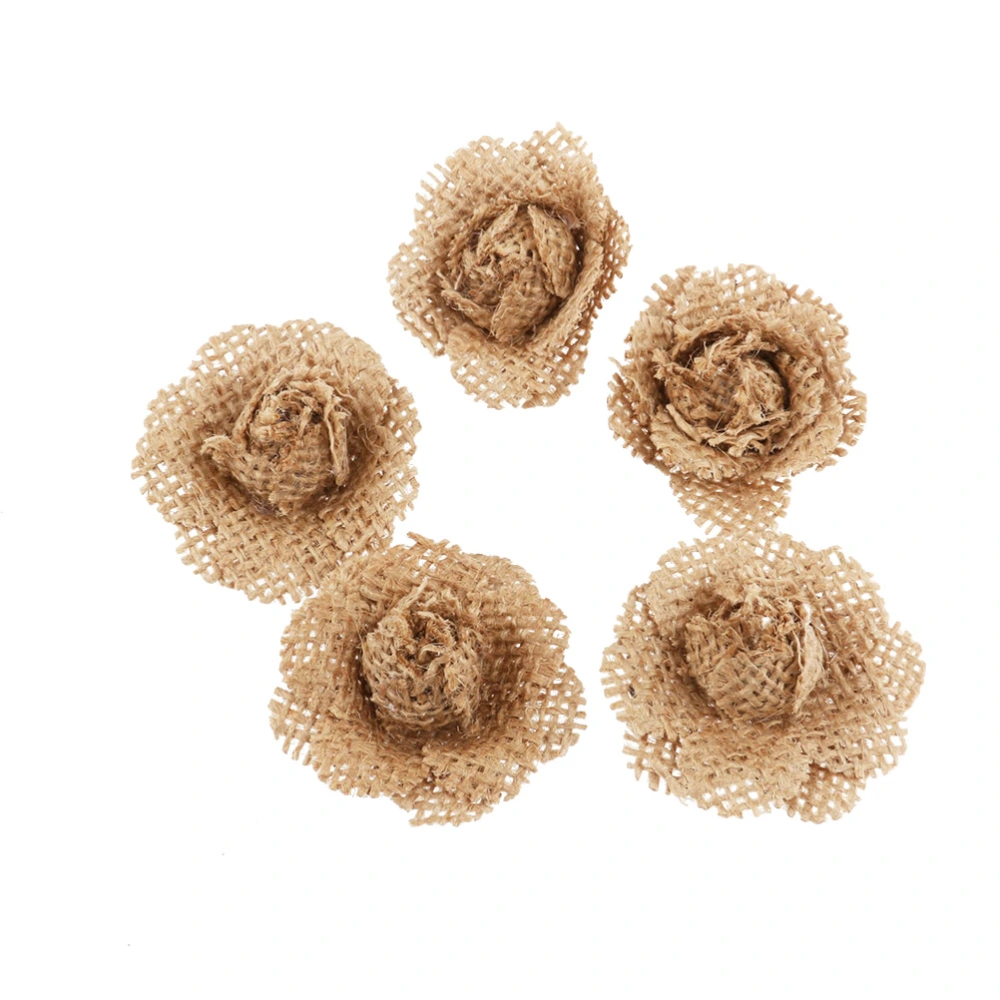 5pcs Hessian Burlap Rose Flowers for Christmas Wedding Decoration (Brown)