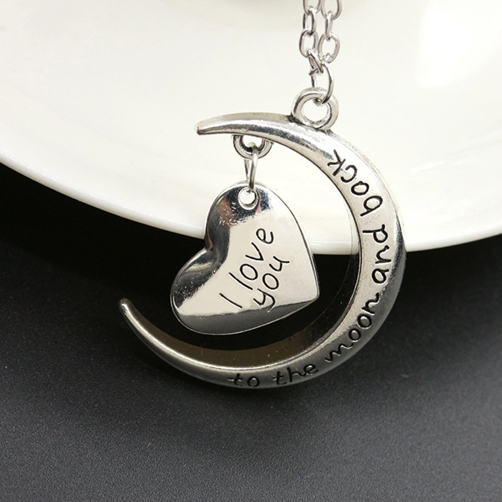 I Love You Luxury Love Heart and Moon Pendant Chain Necklace Valentines Jewelry Gift for Her (Silver)
