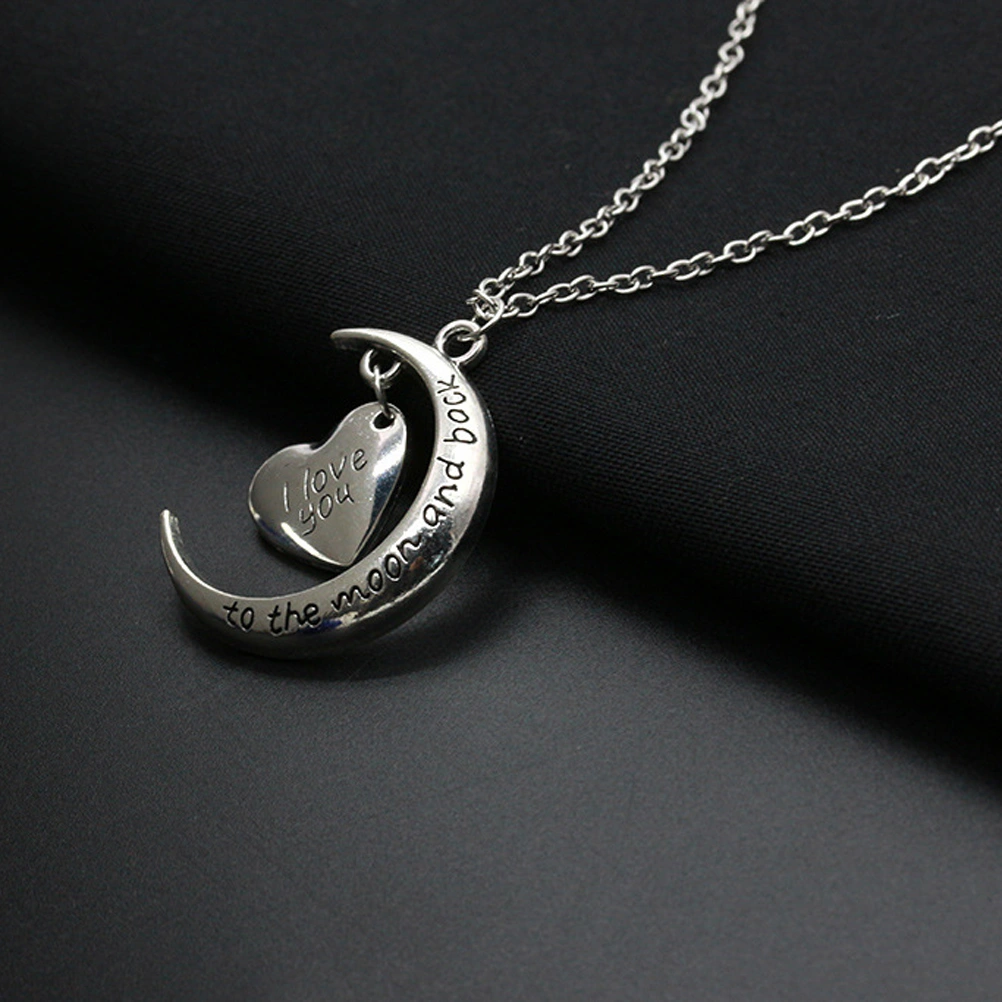I Love You Luxury Love Heart and Moon Pendant Chain Necklace Valentines Jewelry Gift for Her (Silver)
