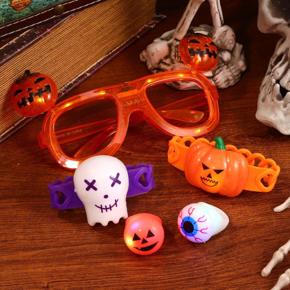 12 Pcs Halloween-theme Party Favors Pumpkin LED Glow-up Glasses Glitter Wrist Bands Bracelets Rings Toys for Kids Adults