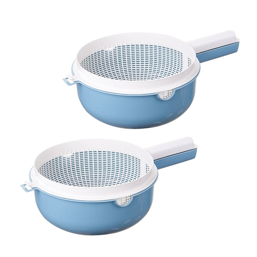 2 Pcs double Layers Portable Rice Washing Filter Basket Fruit Vegetable Drying Basket Wash Colanders Kitchen Utensils with Handle(Blue)