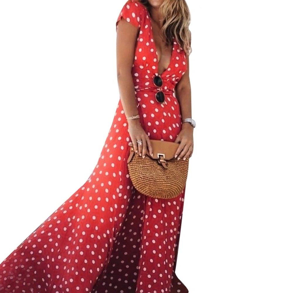 Long Bohemian Polka Dot Dress Summer Beach Sundress for Women - Size S (Red)