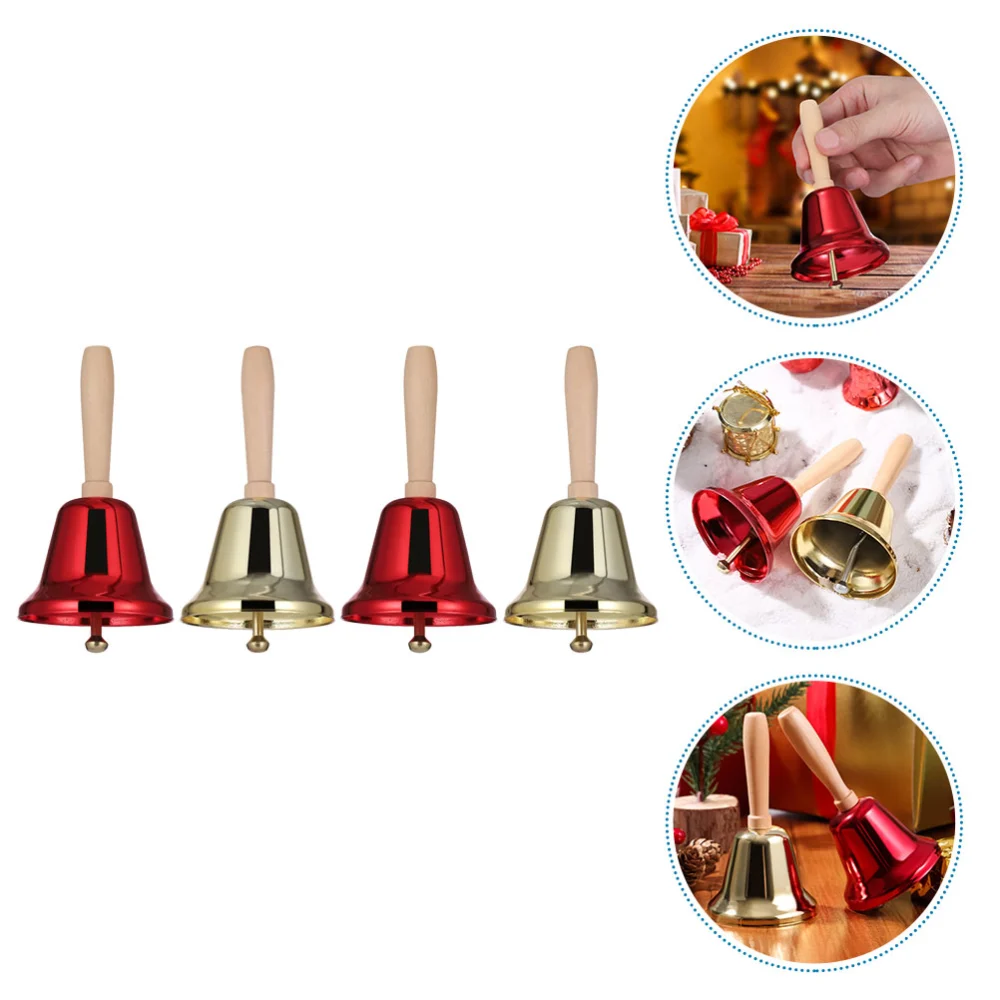 4pcs Christmas Decorations Iron Bells with Wooden Handle Christmas Toys