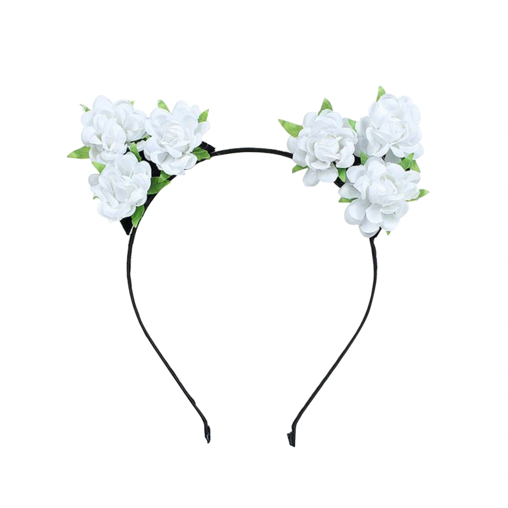 Cat Ears Headband Rose Flower Hair for Masquerade Party Cosplay Costume Accessory (White)