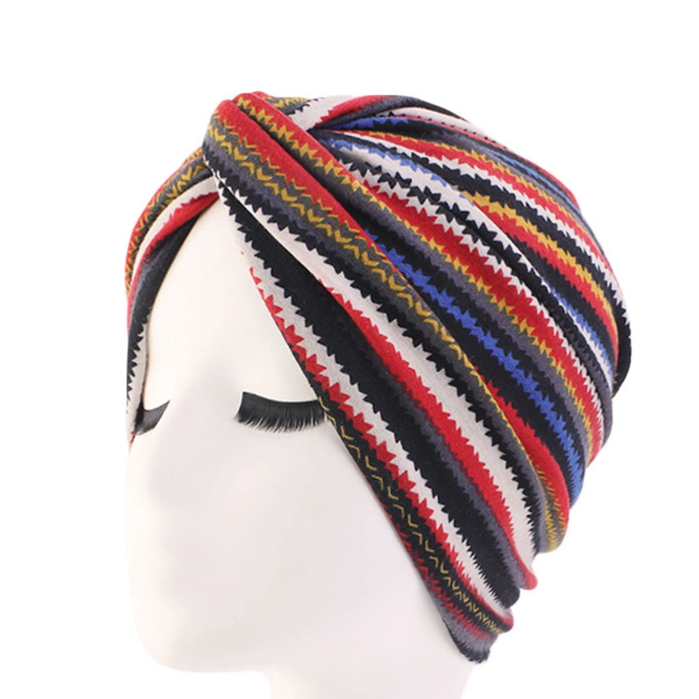 2Pcs Ethnic Style Turban Women Headscarf Double-Layer Hat Twisted Hat Elastic Headgear Red Stripe and Green Stripe