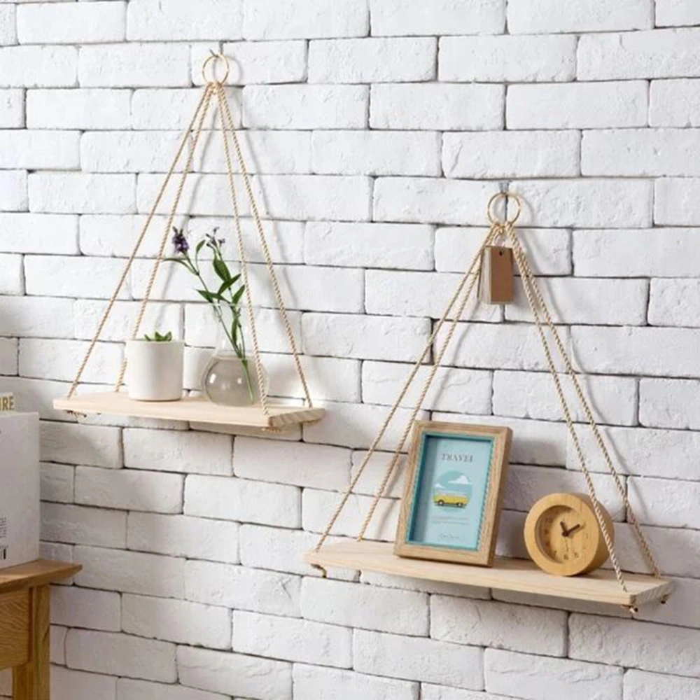 2 Pcs Creative Flower Pot Storage Rack Hanging Rope Shelf Wooden Basket Wall Ornaments(Big Size)