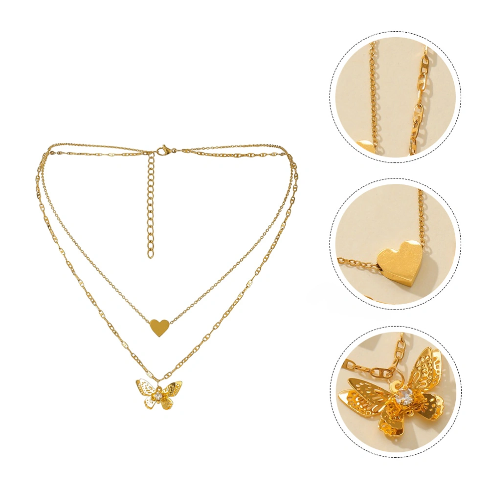 1 Pc Double-layer Necklace Heart Shaped Pendant Collarbone Chain Jewelry(Golden)