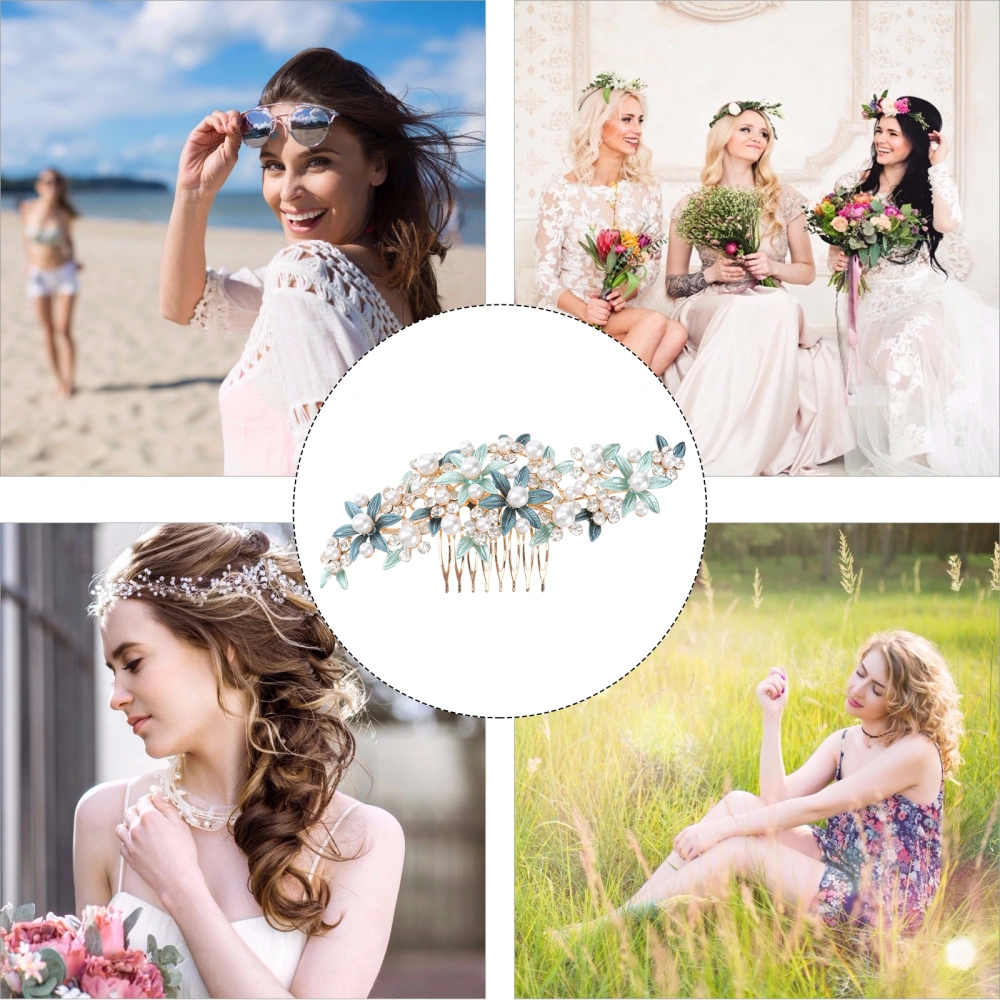 Flower Shape Hair Comb Pearl Hairpins Wedding Tiaras Rhinestone Hair Clips Elegant Headdress Alloy Headwear for Women Bride Green