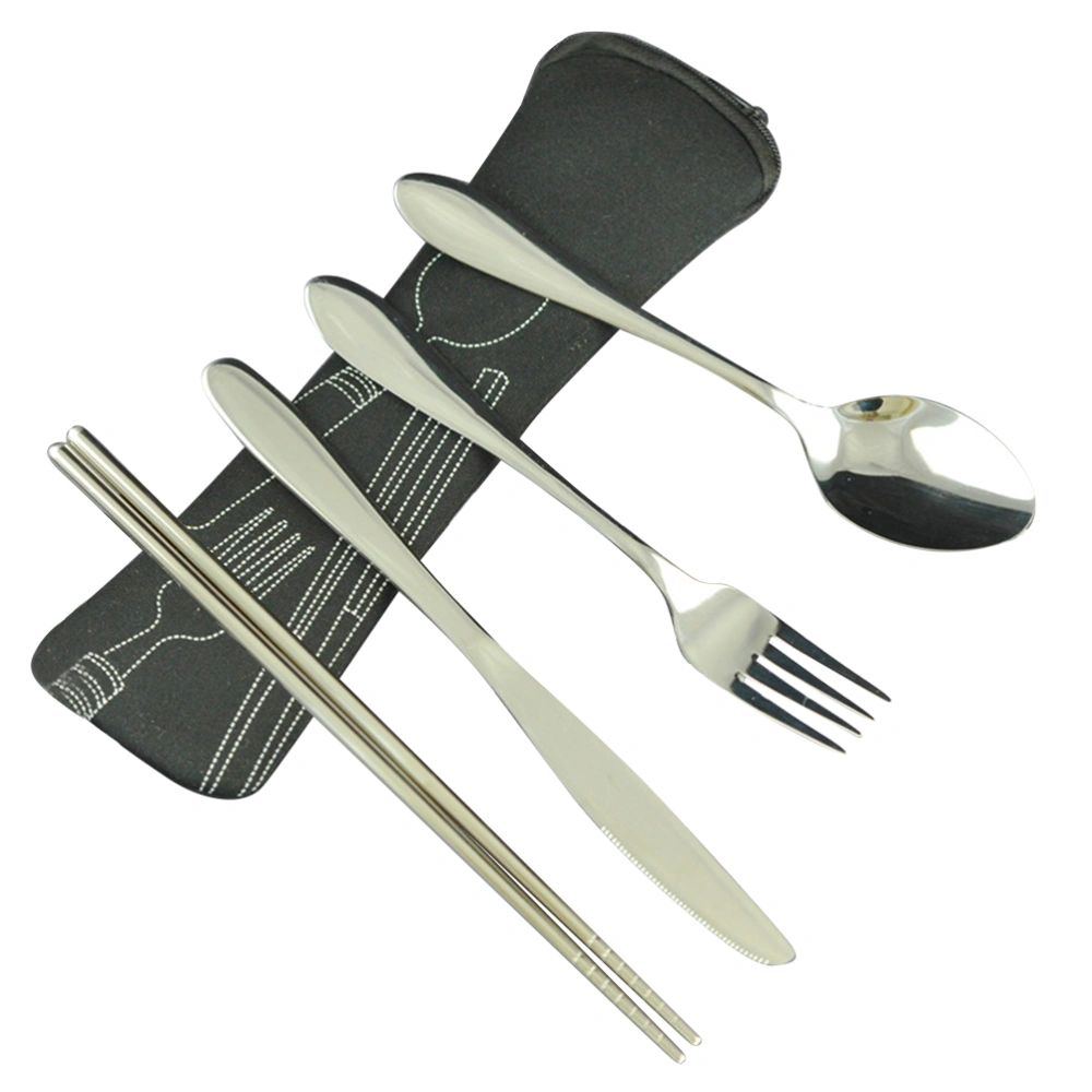 1 Set of Stainless Steel Tableware Set Portable Lightweight Travel Camping Cutlery Set with Chopsticks Fork Spoon for Home(Black Four-piece Set)