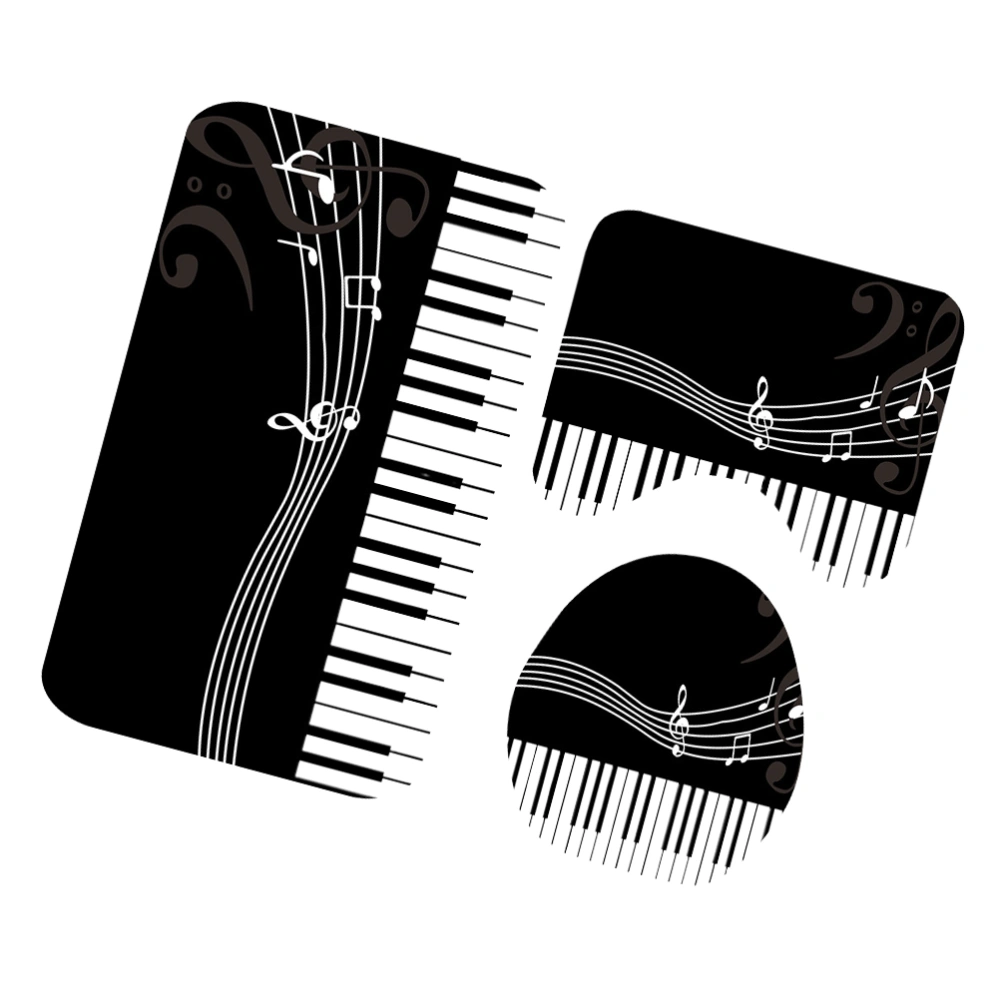 3Pcs Piano Keys Pattern Bathroom Floor Mat Anti-Skid Pad Set Practical Closestool Lid Cover Black