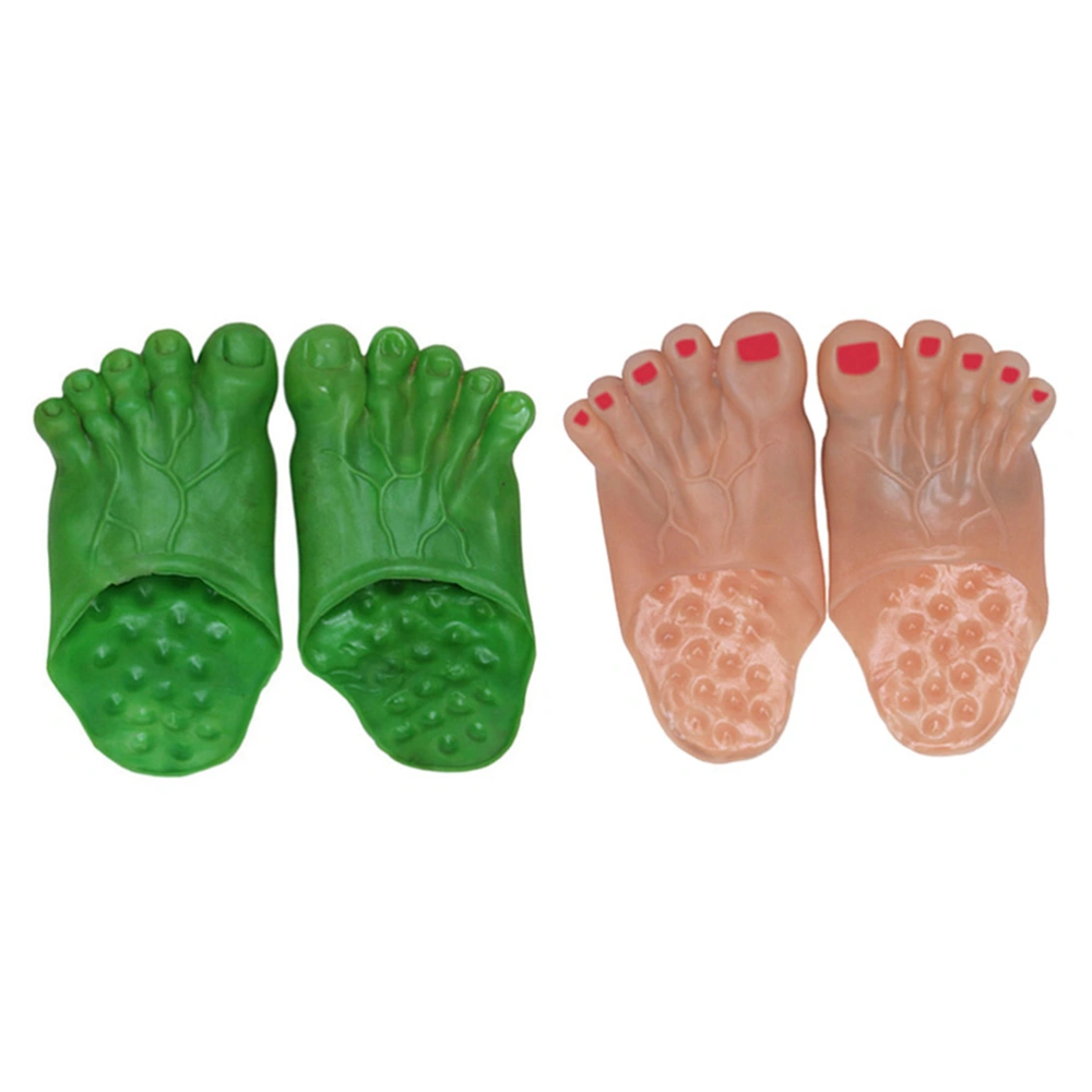 2 Pairs Halloween Bigfoot Shape Slippers Cosplay Big Foot Slippers Costume Masquerade Props Accessory Green and Skin Color