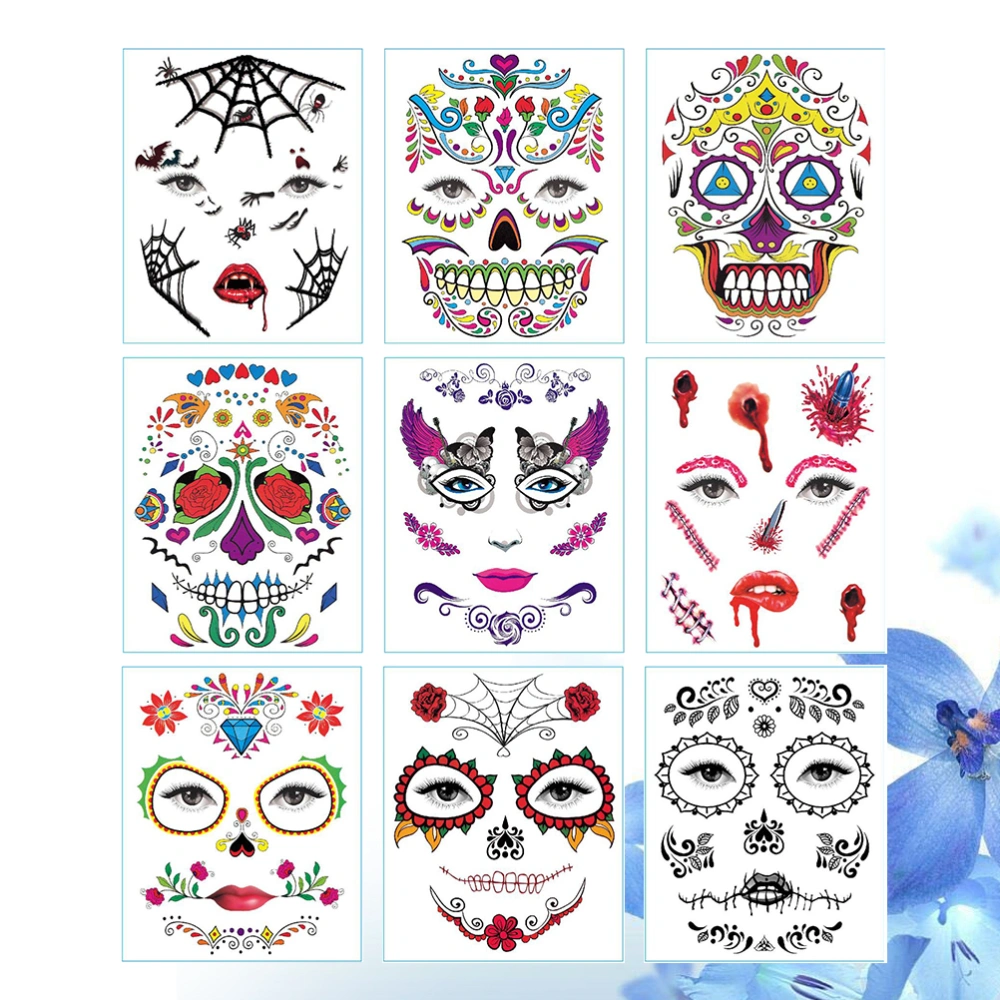 9 Sheets of Fashion Mexico Day of the Dead Stickers Halloween Decal Waterproof Face Tattoos Decorative Sticker