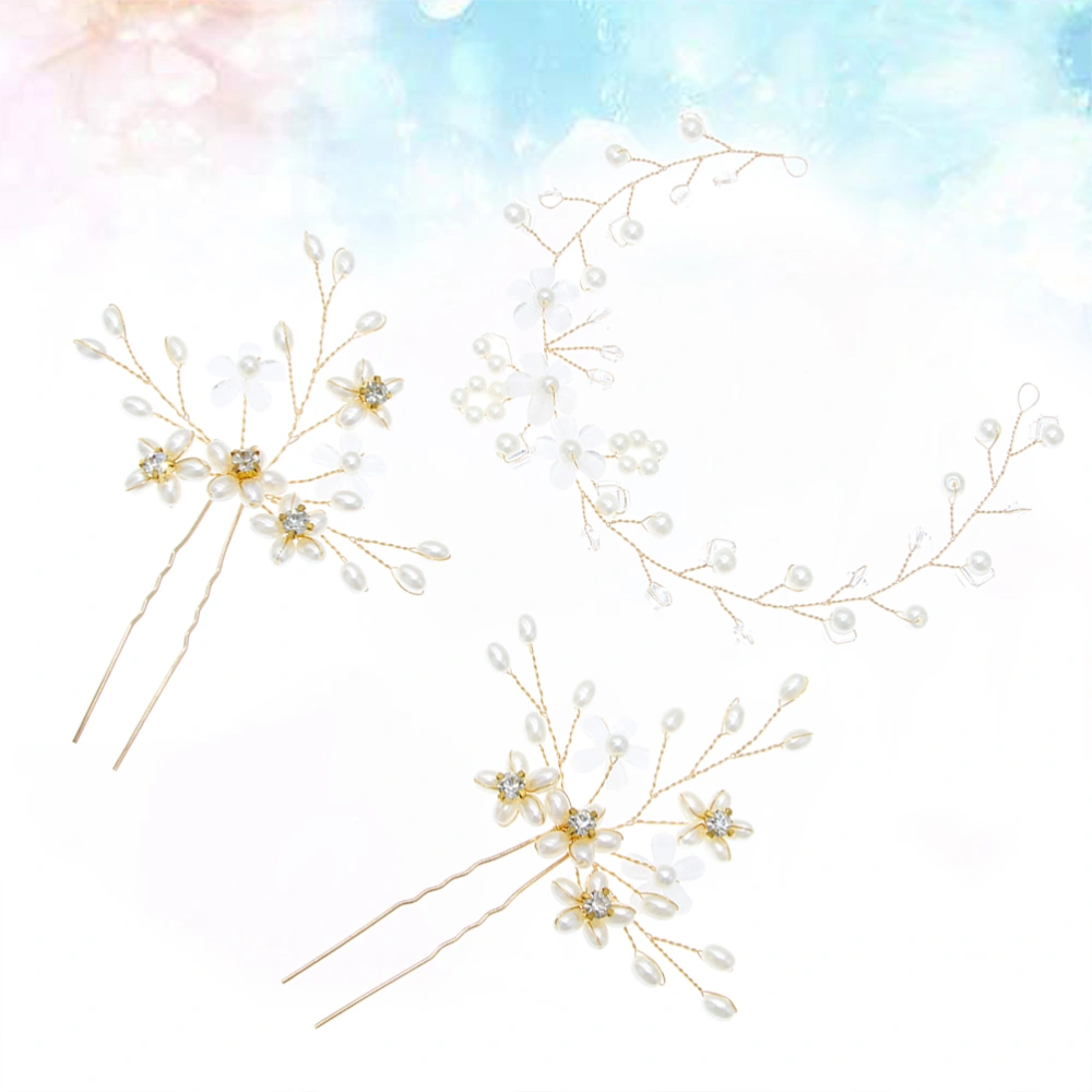 3PCS Bridal Pearl Flower Headband Hairpins Set Headpiece U Shape Hairpin Jewelry Set for Wedding Party Women