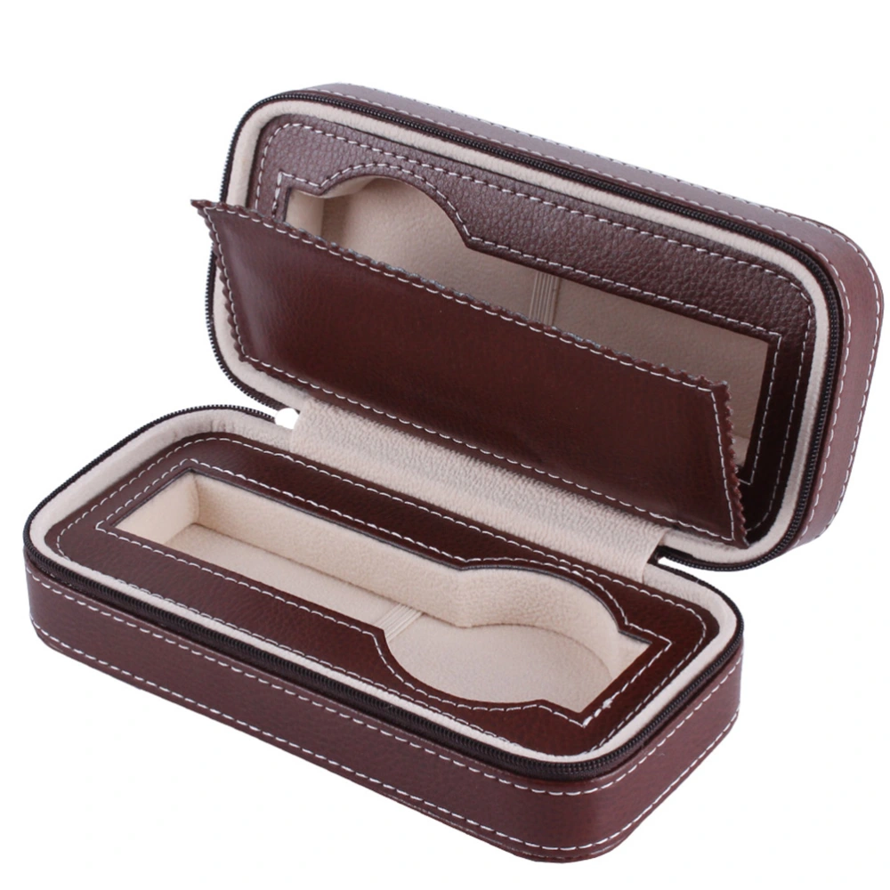 Zippered Watch Storage Box Watch Holder Organizer Dual Wristwatch Protector Travel Case (Brown)