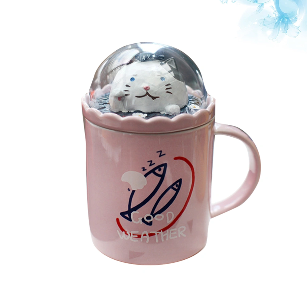 400ml Forest Micro Landscape Ceramic Cup with Lid Cartoon Coffee Cup Creative Couple Mug Drinking Cup for Home (Pink)