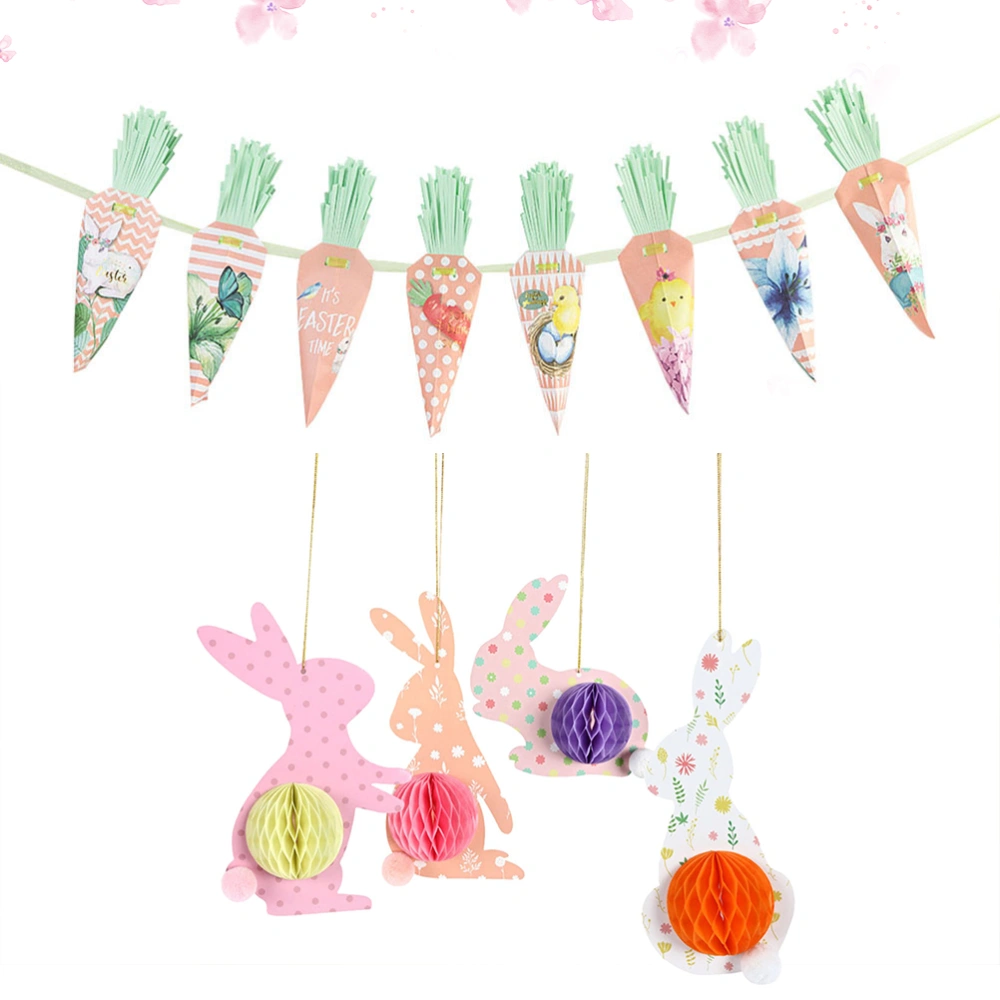 4pcs Easter Rabbit Honeycomb Hanging Decor Easter Party Decor Cartoon Hanging Ornament Easter Themed Hanging Pendant with 1pc Banner