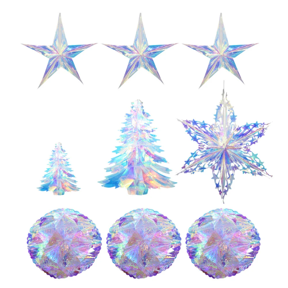 9Pcs Honeycomb Balls Hanging Decor Five-pointed Star Xmas Tree Snowflake Pendants