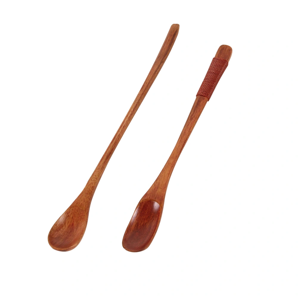 2PCS Long Handle Coffee Spoon Round Spoon Japanese Style Tie Line Stirring Small Wooden Spoon Flat Spoon