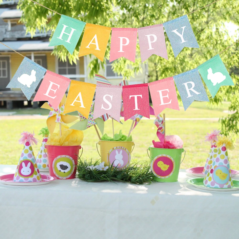 Burlap Bunting Banner Hanging Decorative Swallow Tail Banner Festival Easter Party Supplies (Colorful, HAPPY EASTER Letter)