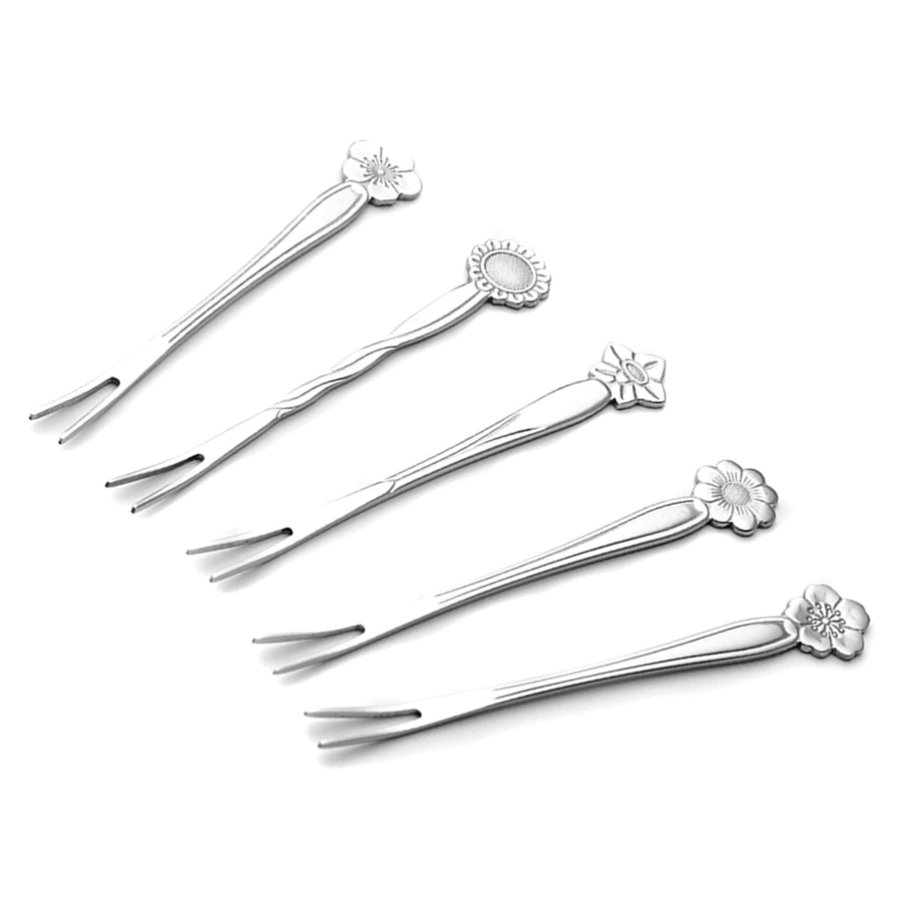 5PCS Stainless Steel 2 Pong Fruit Fork Flower Mini Fruit Salad Picks for Hotel KTV Bar Party (Random Pattern)