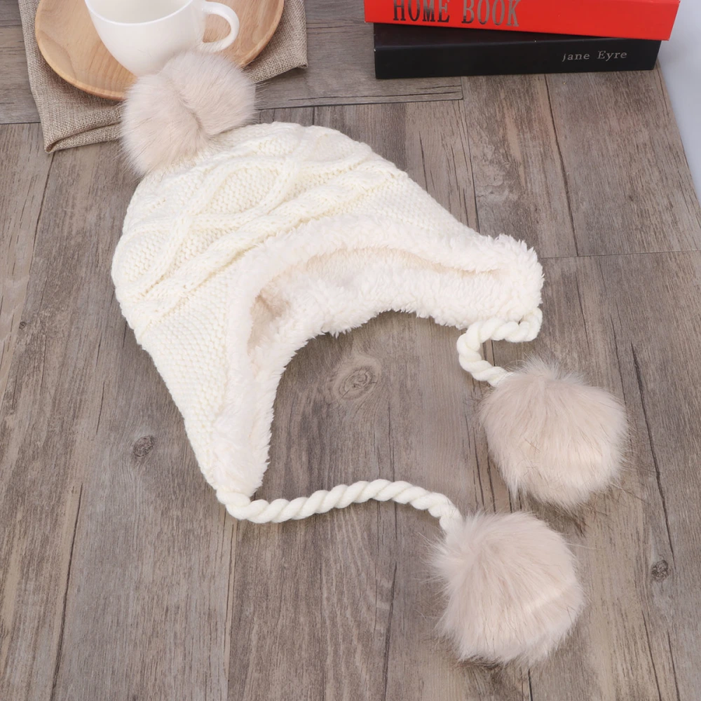 Winter Warm Knit Wool Hat Dual Ball Ear Flap with Pom - S (White)