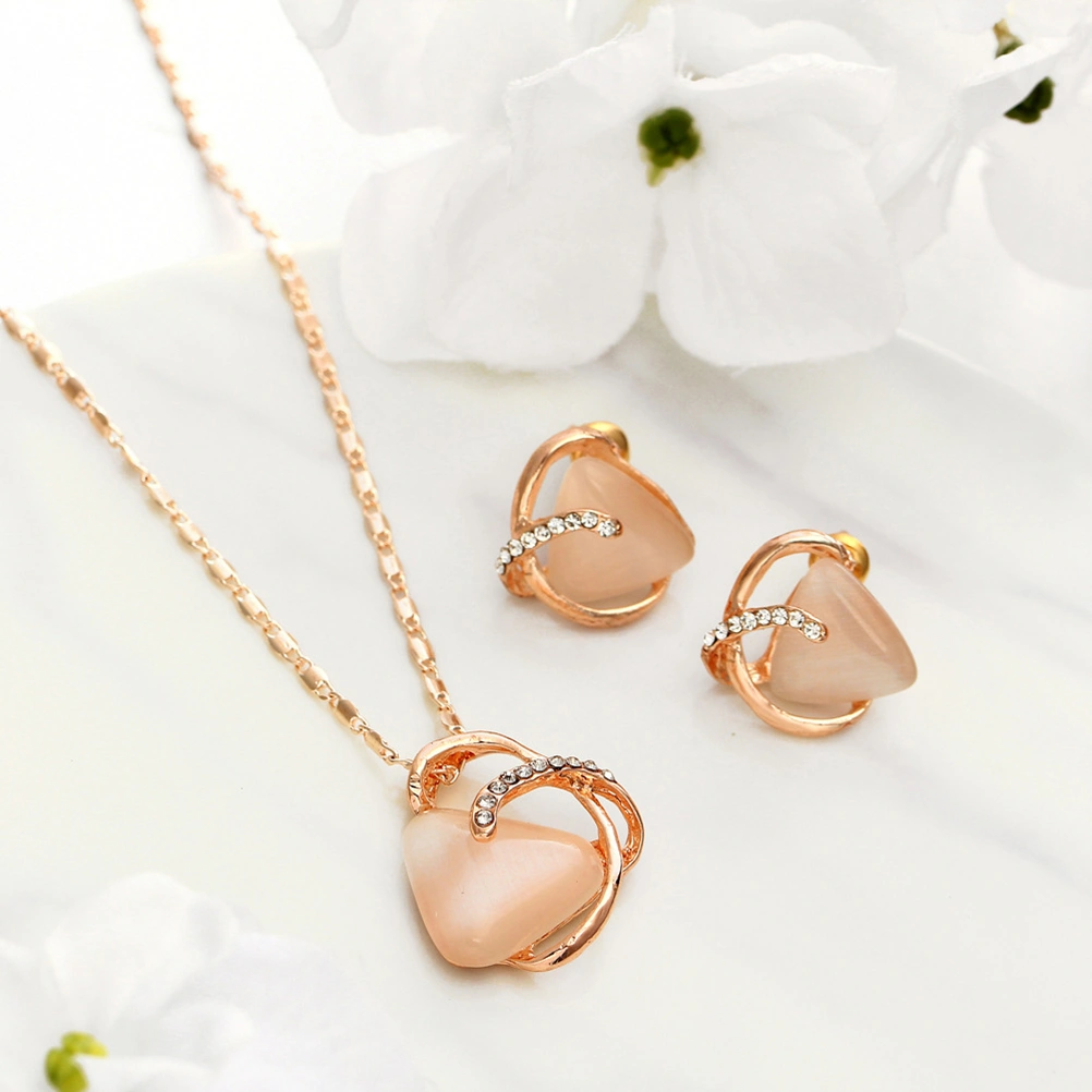 Women Pendant Necklace Earrings Set Triangle Opal Jewelry Gift Set for Christmas Day Wedding Party