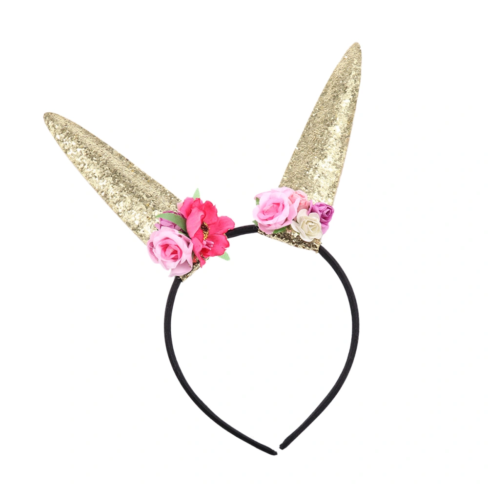 Sequin Bunny Headband with Artifical Flower Decoration Beautiful Hair Accessory for Party Performance(Golden)