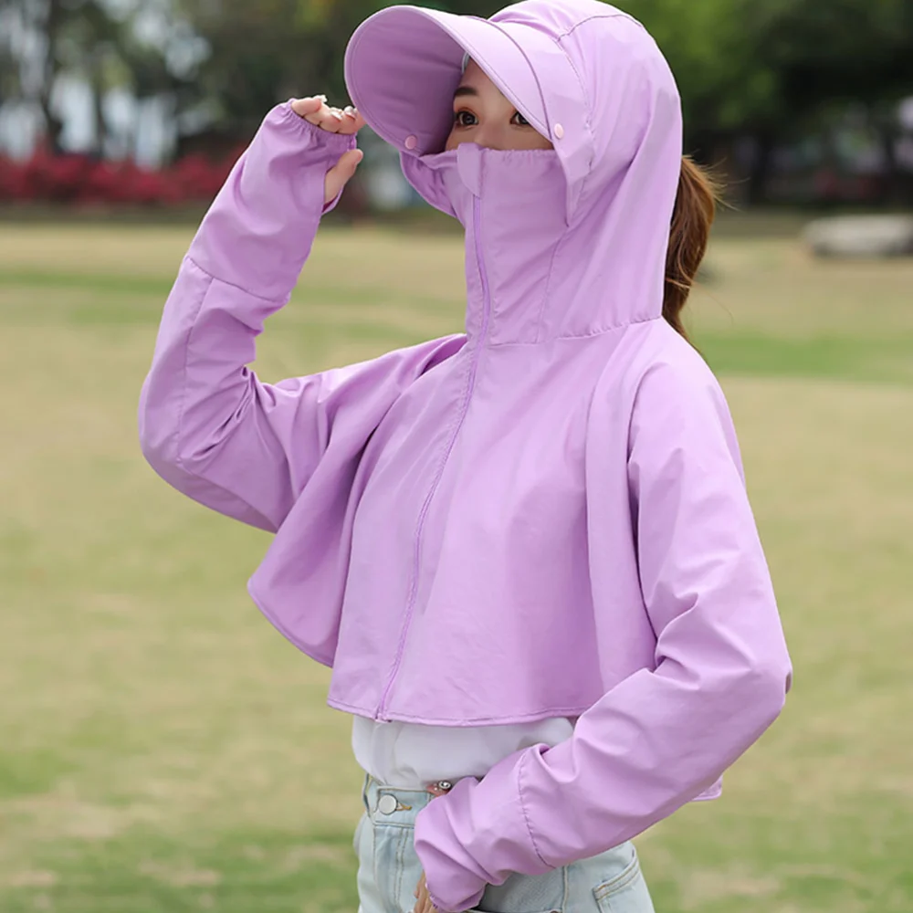 Light Purple Summer Sun Hat with Mask Elastic Face Cover Detachable Sun Outdoor Anti-UV Wide Brim Zippered Shawl Accessary Set - One Size