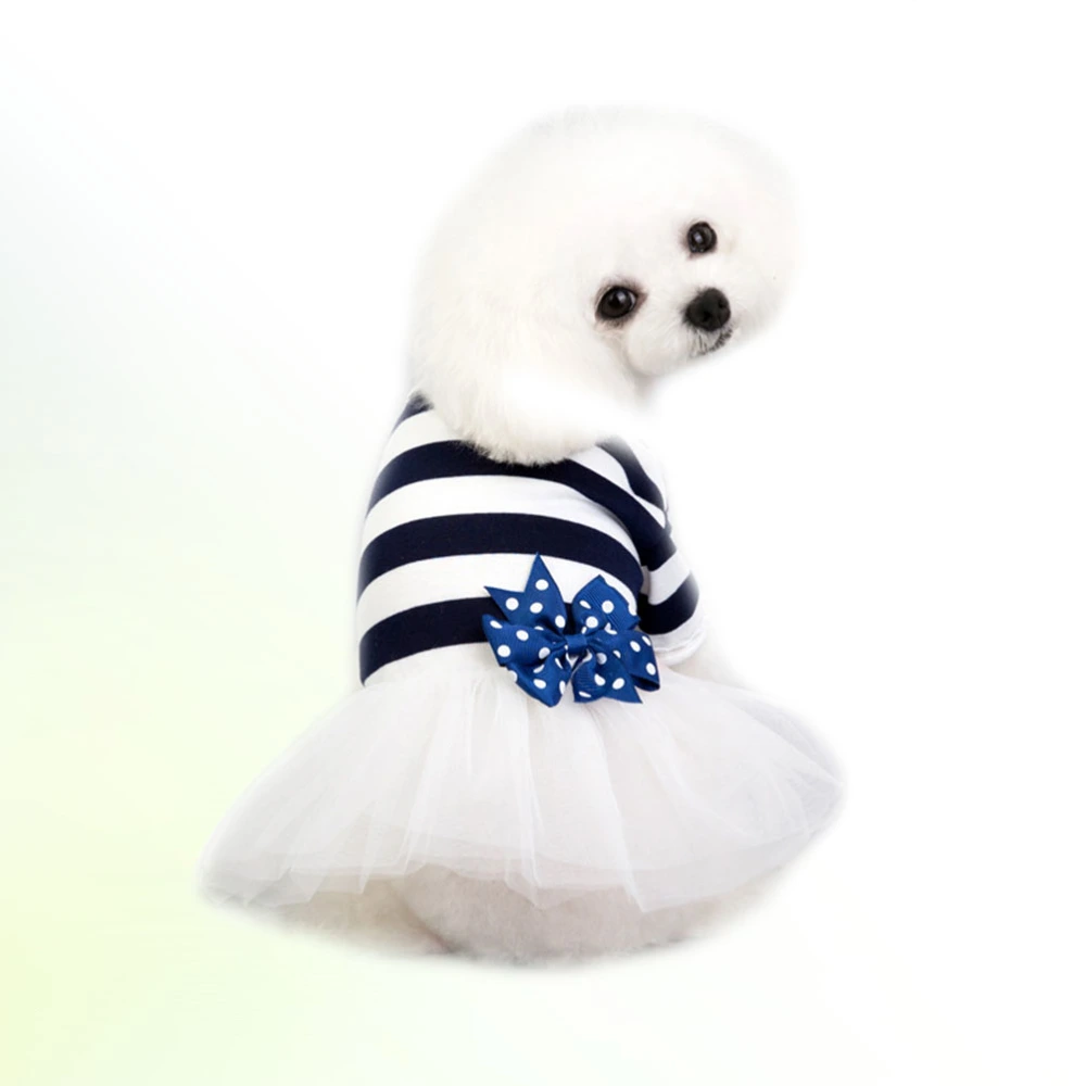 Dark Blue Dog Tutu Dress Bow Tulle Skirt Clothes Dog Stripe Costume Apparel Pet Supplies - Size M