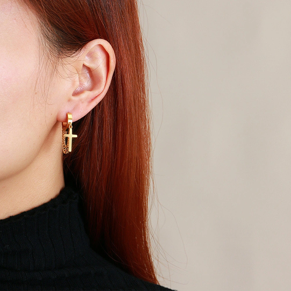 1 Pair Cross Double-layer Chain Circle Earrings Stylish Ear Accessories (Golden)