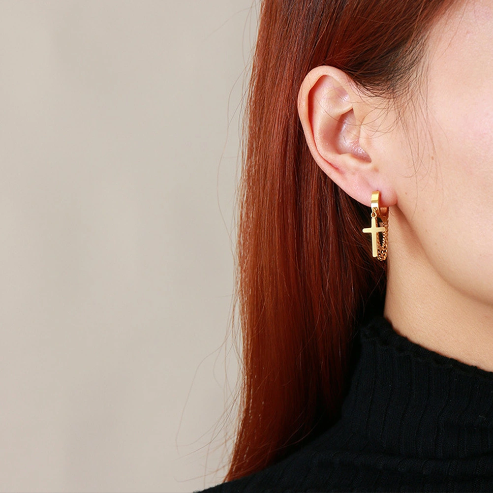 1 Pair Cross Double-layer Chain Circle Earrings Stylish Ear Accessories (Golden)