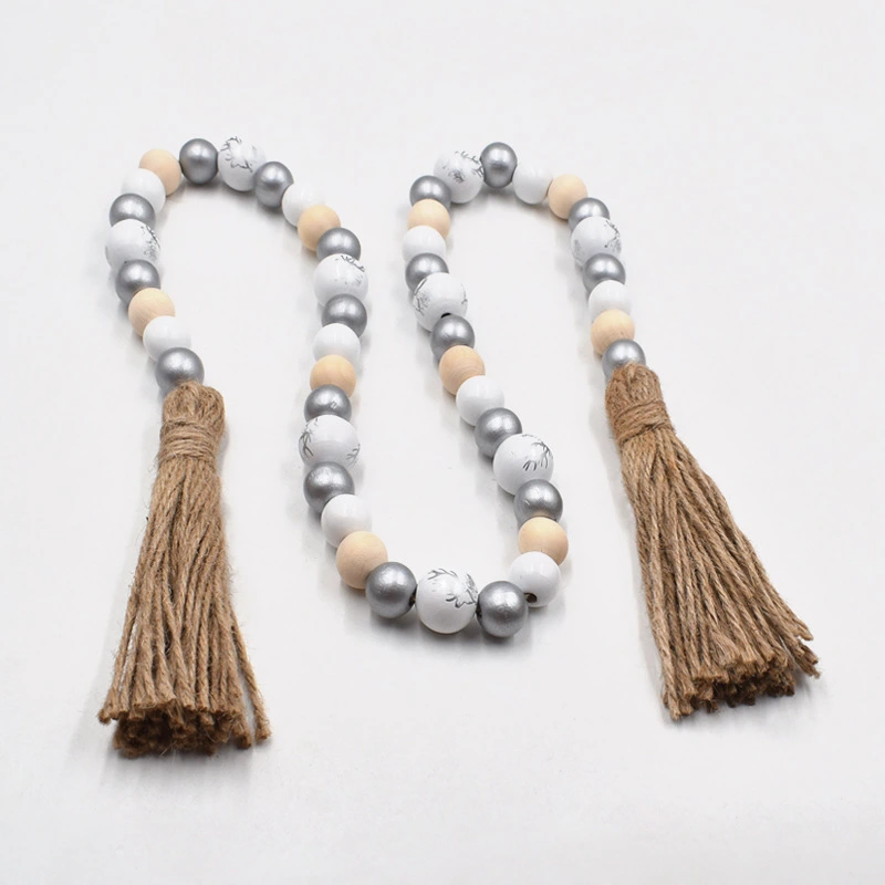 Christmas Wooden Bead Wreath with Tassels Wood Bead Garland with Tassels Christmas Pendant