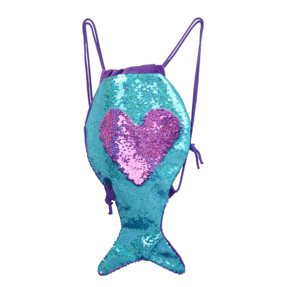 Sequin Drawstring Backpack Mermaid Tail Shape Multipurpose Storage Pouch for Gym Sports - Size L (Blue and Purple)