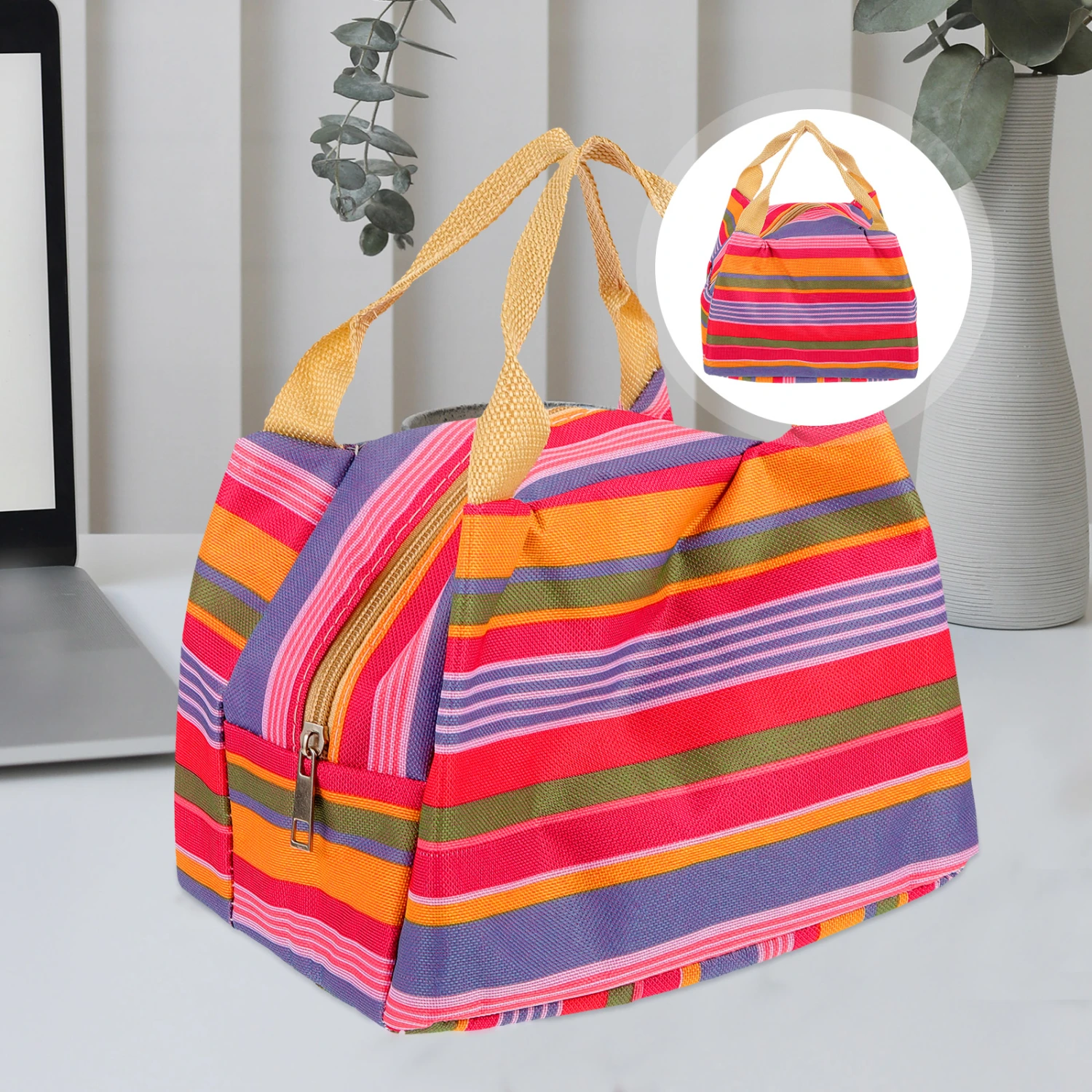 Stripe Thermal Insulated Lunch Case Tote Cooler Zipper Case Bento Lunch Pouch (Blue Striped)