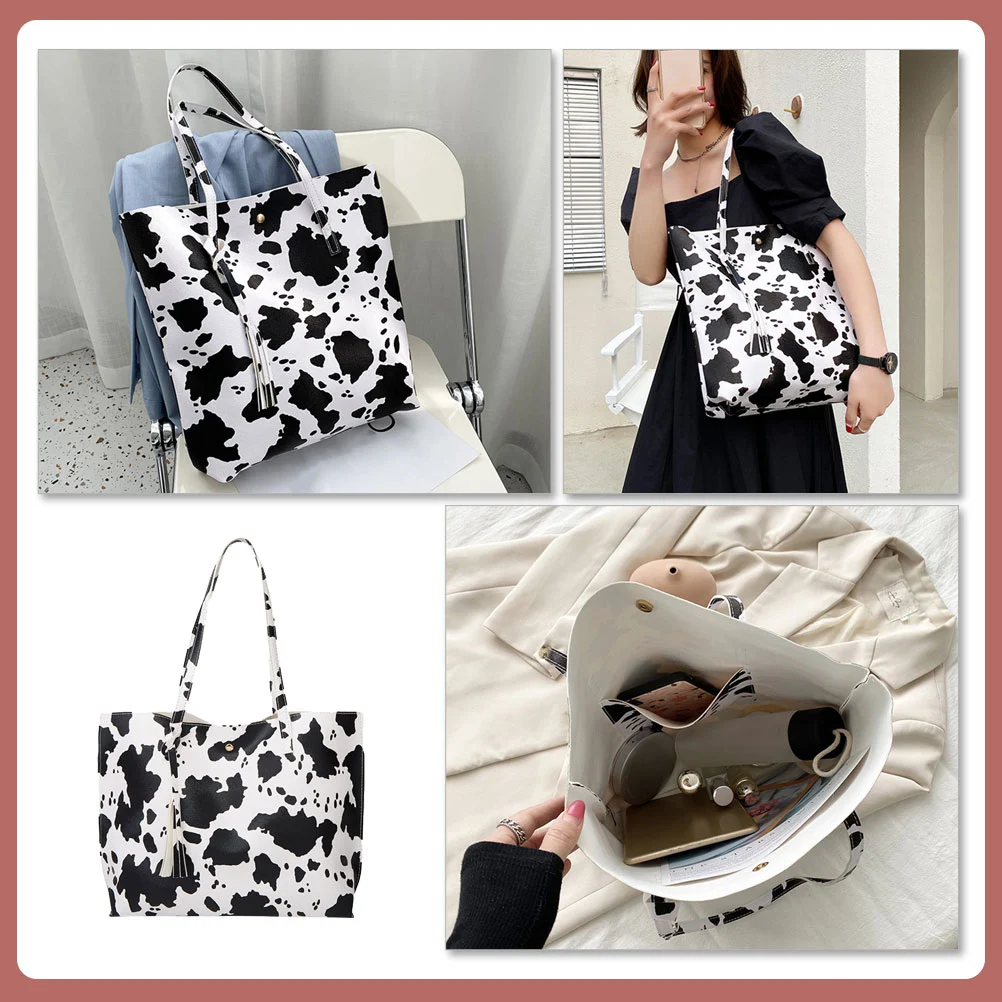 Single Shoulder Bag Cow Grain Bag Handbag Shopping Bag Tassel Tote Bag for Girl