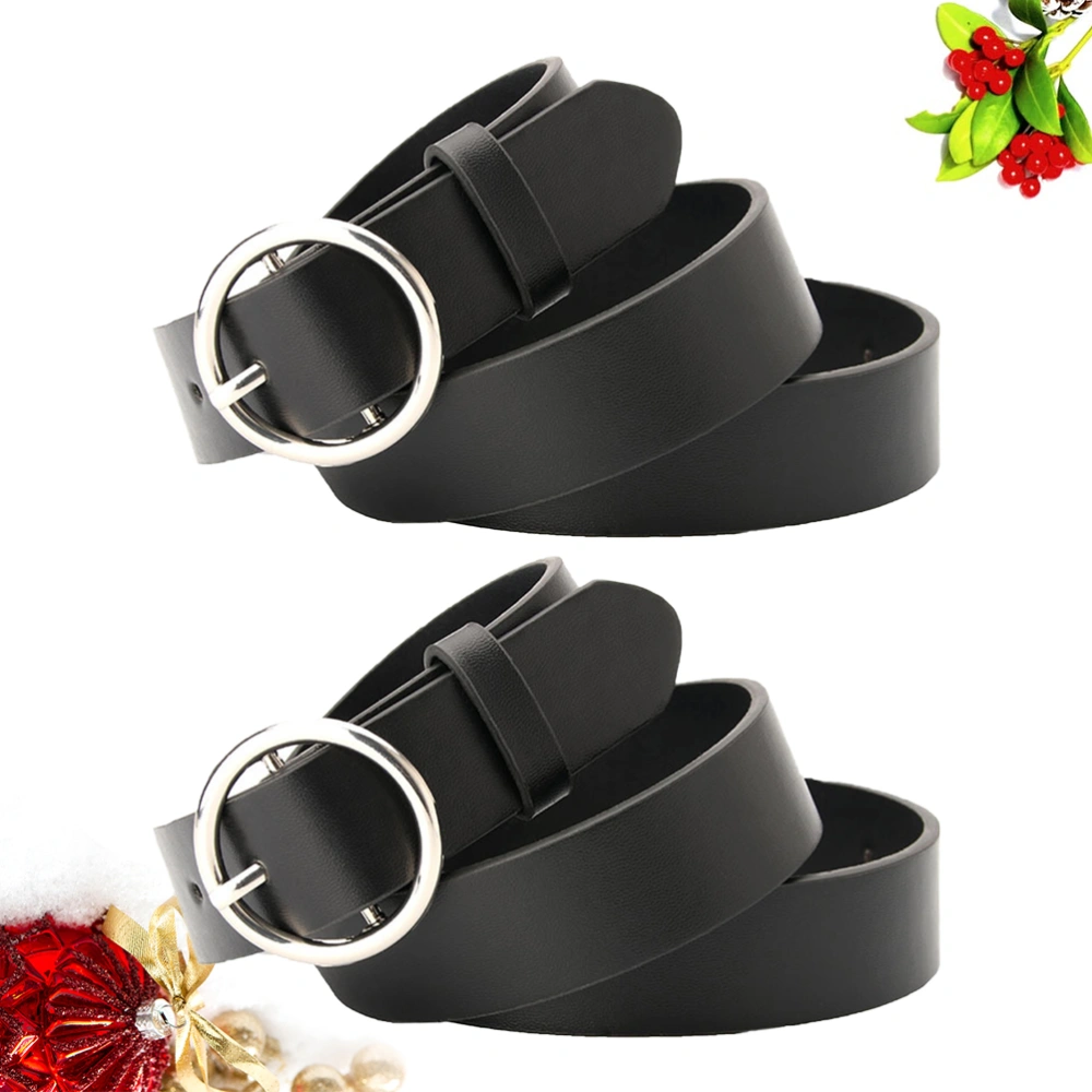 2pcs Pants Belt Retro Casual Waistband Fashion Black Jeans Strips Classic Round Buckle Belt for Lady Women