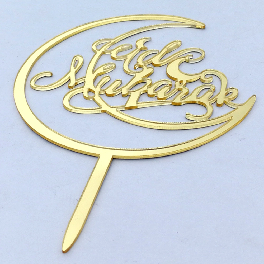 Cake Topper Muslim Islam Eid Mubarak Festival Acrylic Mirror Cupcake Flag Food Pick Favors Supplies for Birthday Wedding Party Decor Shower (Golden)