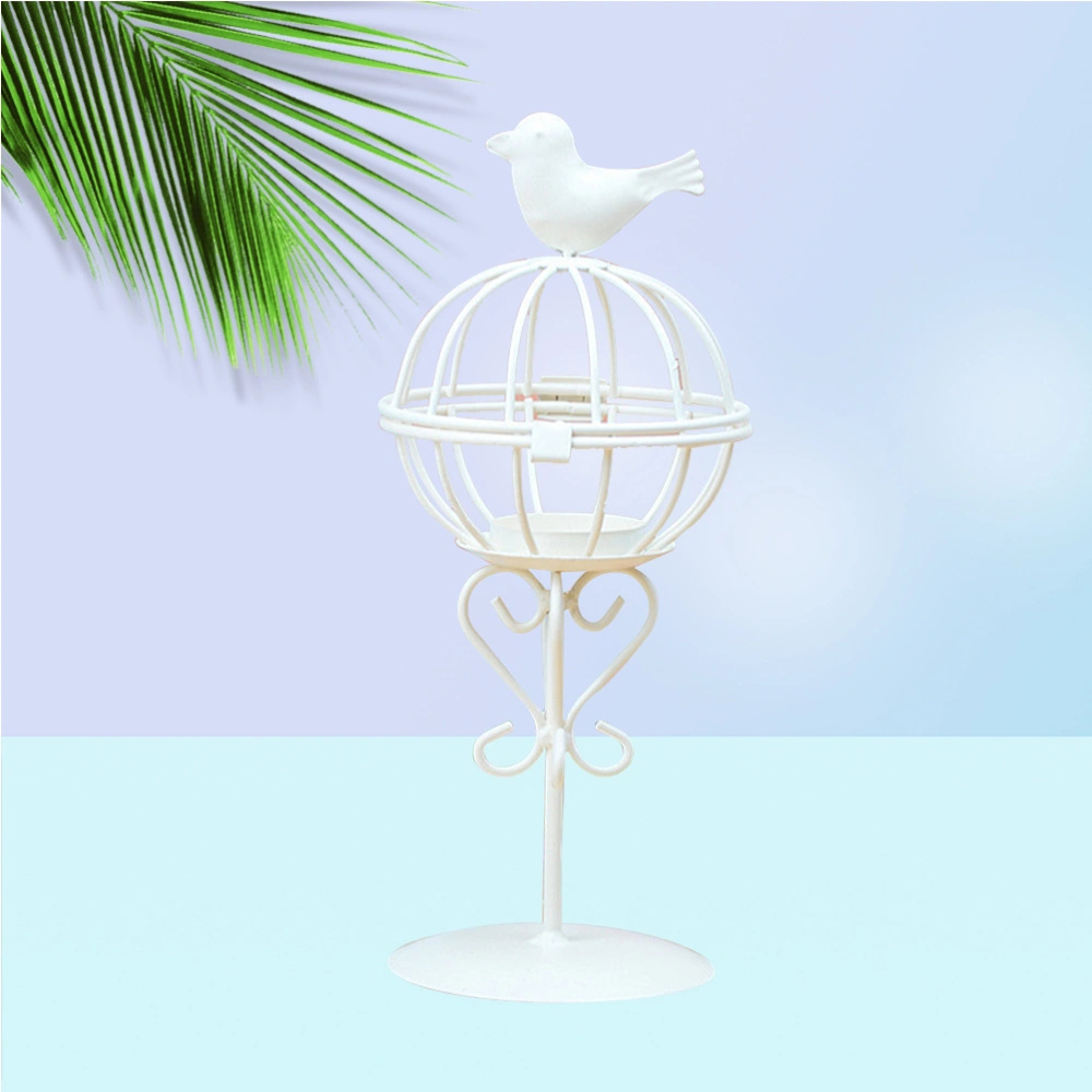 Wrought Iron Bird Cage Shaped Candle Holder Candlestick Iron Lantern for Party Home Decoration(White)