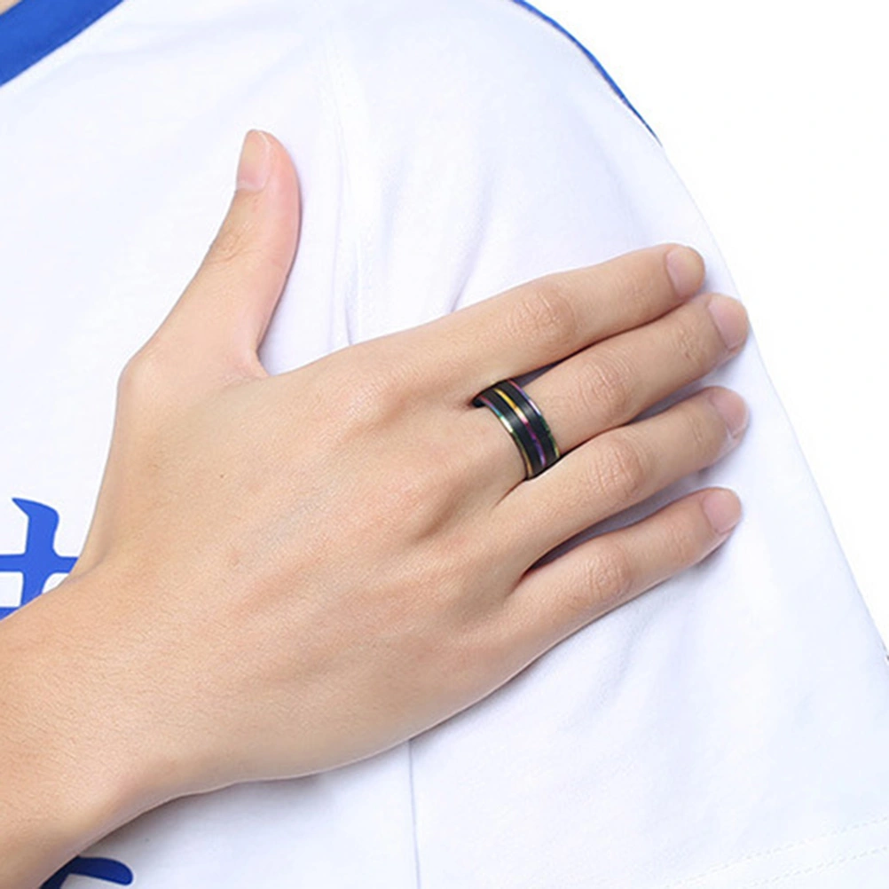 1pc Titanium Steel Rings Rainbow Ring Double Plated Grooved Hnad Jewelry Hand Accessories for Man Male Number 7