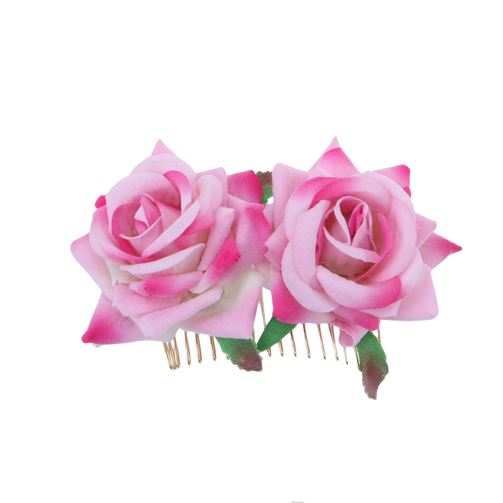 Rose Flower Hair Comb Floral Hair Accessory Headpiece for Women Girls Wedding Bridal (Pink)