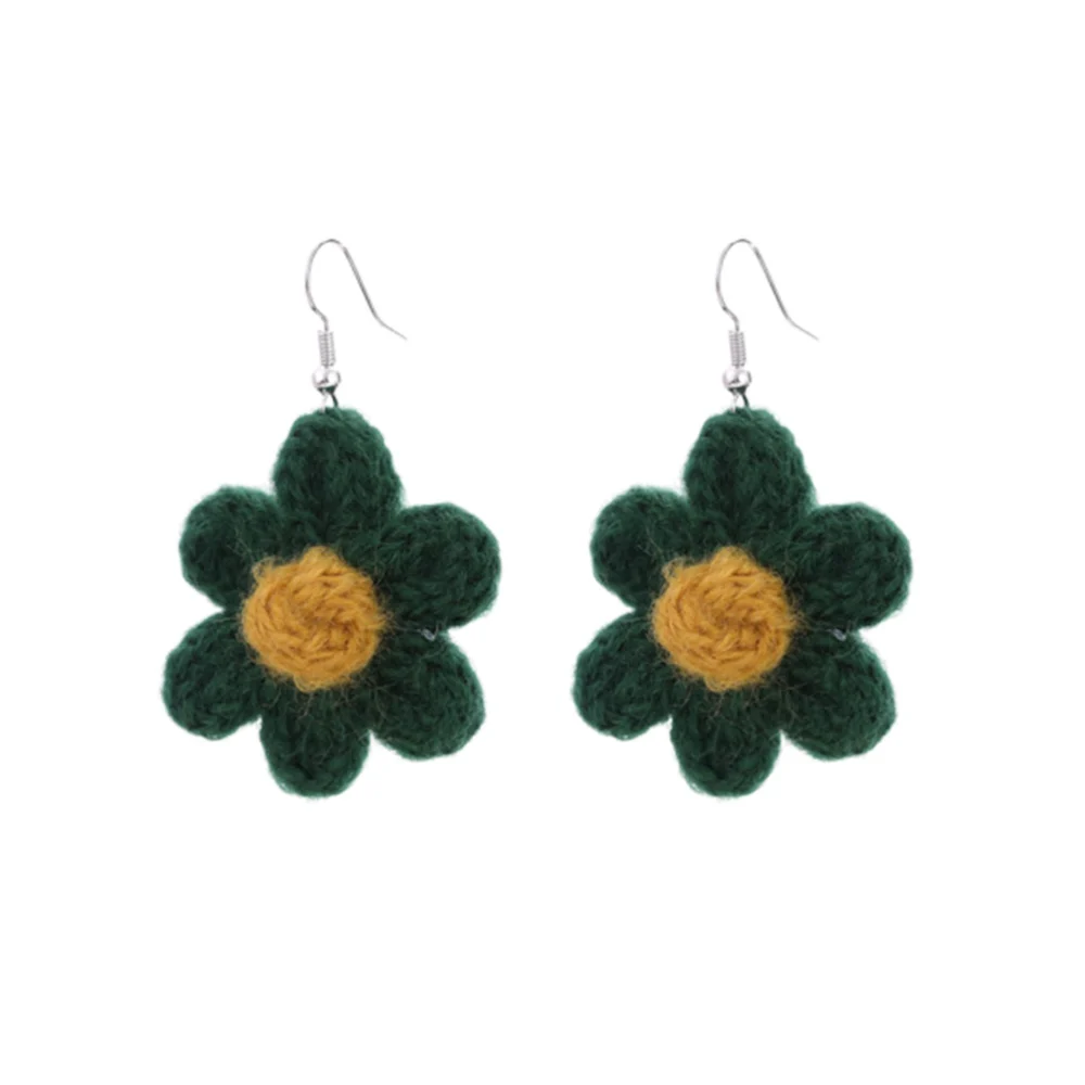 Creative Simple Wool Flower Dangle Earrings Alloy Hook Earring for Women Girls Ladies (Army Green)