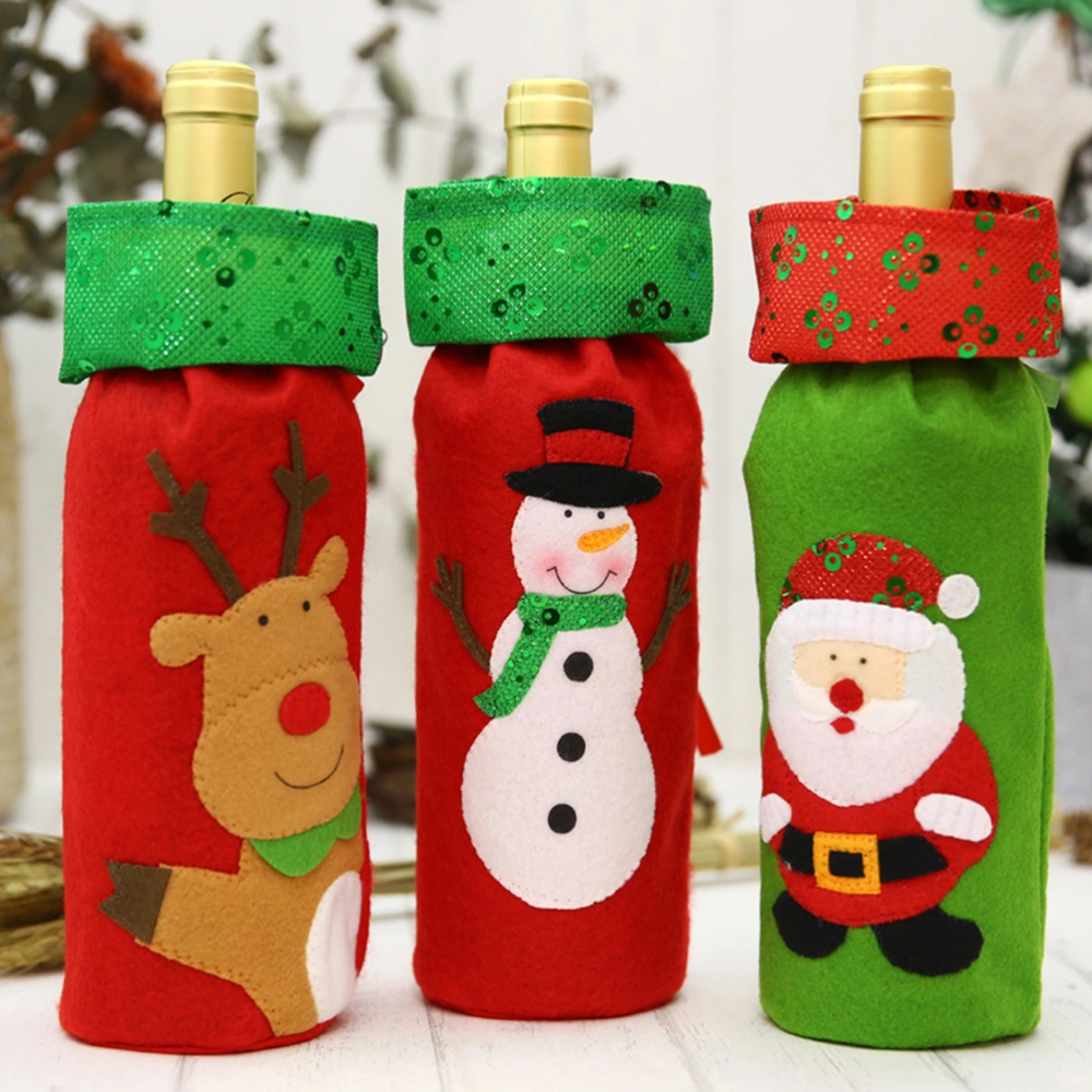 3pcs Sequins Embroidery Wine Bottle Cover Christmas Old Man Elk Snowman Bottle Decor for Dinner Party