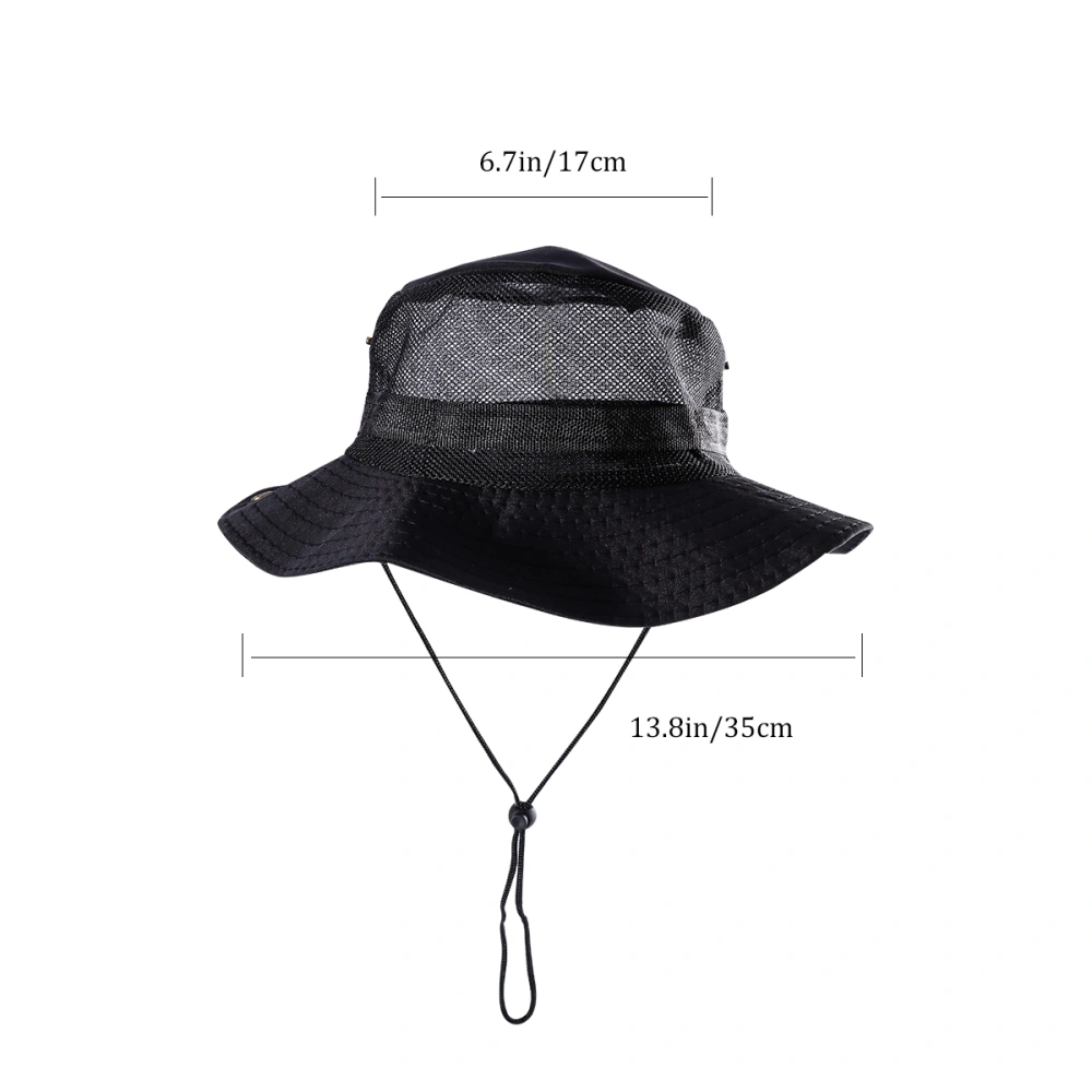 Outdoor Mesh Sunshade Fisherman Fishing Hat Sun Bucket Hat with String Wide Brim Hat for Men (Black with Mesh)