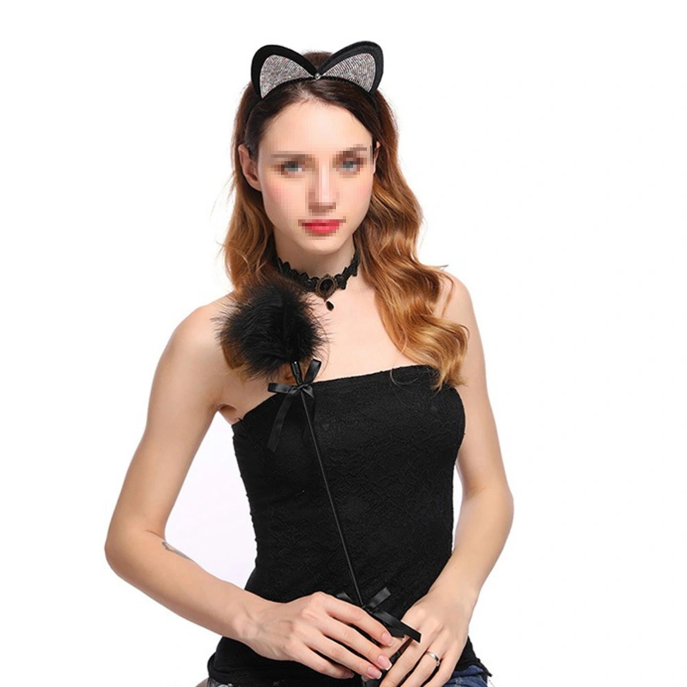 Rhinestone Cat Ear Shaped Headband Hair Hair Loop Hair Clasp Hair Band Hair Accessories Dress Accessories for Women(Black)