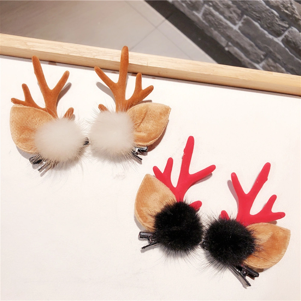 4pcs Deer Antlers Hair Clip Adorable Hair Pin Hair Ornament for Girls Kids (2pcs Red + 2pcs Khaki, Plush Ball Random Color)