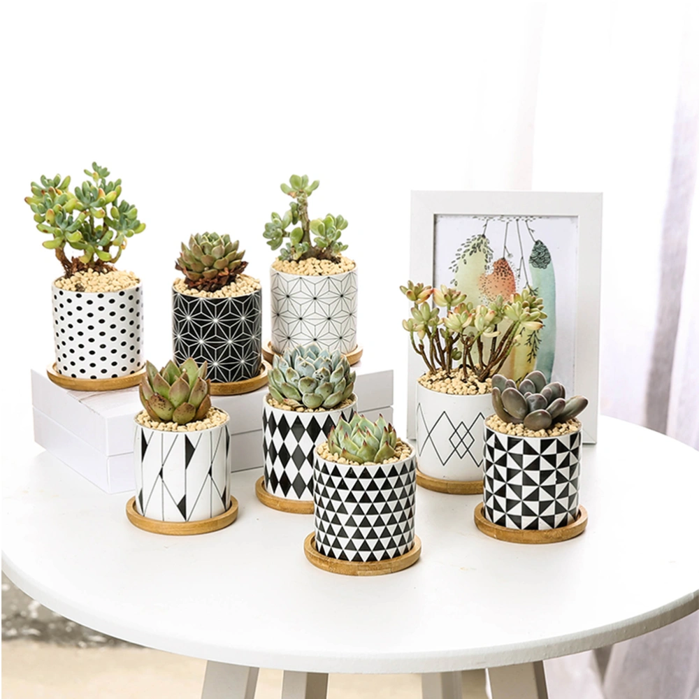 Stylish Ceramic Vase Creative Geometry Shaped Design Desktop Flower Vase Simple Flower Pot for Home Office Decoration with Bamboo Tray